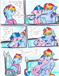 Size: 2552x3292 | Tagged: safe, artist:tristanjsolarez, character:firefly, character:rainbow blaze, character:rainbow dash, species:pegasus, species:pony, comic:trans ponies, ship:fireblaze, g1, g4, chair, clothing, comic, couch, crying, family, female, firefly as rainbow dash's mom, g1 to g4, generation leap, male, mare, rainbow blitz, rainbow dash's parents, scarf, shipping, sitting, stallion, straight, traditional art, transgender, trio