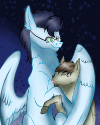 Size: 882x1110 | Tagged: safe, artist:neonaarts, character:soarin', oc, oc:penumbra glow, species:pony, cute, glasses, hug, tongue out