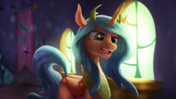 Size: 3840x2160 | Tagged: safe, artist:starblaze25, character:queen chrysalis, species:changeling, species:reformed changeling, episode:to where and back again, g4, my little pony: friendship is magic, changeling queen, female, fluffy, frown, good, lidded eyes, nose wrinkle, open mouth, purified chrysalis, scenery, solo, teeth, tongue out, what if