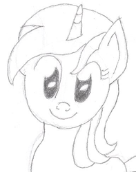 Size: 383x485 | Tagged: safe, artist:barryfrommars, character:lyra heartstrings, species:pony, species:unicorn, female, grayscale, looking at you, monochrome, simple background, smiling, solo, traditional art, white background