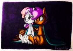 Size: 1280x907 | Tagged: safe, artist:theorderofalisikus, character:scootaloo, character:sweetie belle, species:pegasus, species:pony, ship:scootabelle, blanket, female, lesbian, shipping, teddy bear, traditional art