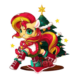Size: 780x780 | Tagged: safe, artist:ciciya, character:sunset shimmer, species:pony, boots, christmas tree, cloak, clothing, cute, female, grin, hoof boots, plaid, pleated skirt, present, simple background, skirt, smiling, socks, solo, striped socks, tree, watermark