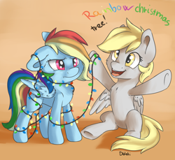 Size: 1750x1600 | Tagged: safe, artist:dbleki, character:derpy hooves, character:rainbow dash, species:pony, angry, chest fluff, christmas, christmas lights, cute, dashabetes, derpabetes, fluffy, fluffyball, happy, rainbow dash is not amused, tangled up, unamused