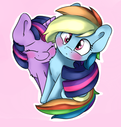 Size: 1800x1900 | Tagged: safe, artist:dbleki, character:rainbow dash, character:twilight sparkle, ship:twidash, blushing, chest fluff, confused, cuddling, cute, female, gradient background, hug, lesbian, love, shipping, snuggling, tail hug