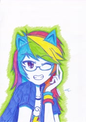 Size: 2460x3492 | Tagged: safe, artist:dragonemperror2810, character:rainbow dash, my little pony:equestria girls, female, glasses, one eye closed, solo, wink