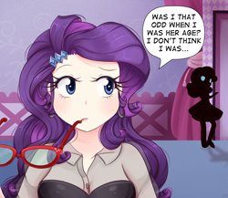 Size: 1150x1000 | Tagged: safe, artist:lucy-tan, character:rarity, character:sweetie belle, species:human, spoiler:comic, spoiler:comic01, ..., carousel boutique, clothing, glasses, humanized, mouth hold, scene interpretation, silhouette, sisters, thought bubble