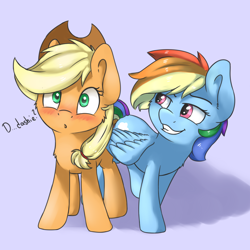 Size: 3200x3200 | Tagged: safe, artist:dbleki, character:applejack, character:rainbow dash, ship:appledash, :o, blushing, butt touch, confused, cute, feathermarking, female, fluffy, fluffyball, gradient background, grin, lesbian, lidded eyes, looking at you, love, never doubt tchernobog's involvement, open mouth, shipping, smiling, wide eyes