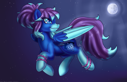 Size: 1275x825 | Tagged: safe, artist:bumblebun, oc, oc only, oc:runic shield, species:pegasus, species:pony, commission, female, flying, mare, moon, night, solo, spread wings, stars, wings