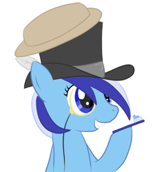 Size: 806x907 | Tagged: dead source, safe, artist:fribox, character:minuette, species:pony, species:unicorn, g4, brilliant, clothing, feather, female, hat, mare, monocle, simple background, smiling, solo, toothbrush, toothpaste, top hat, white background