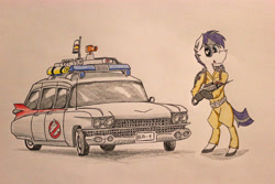 Size: 5184x3456 | Tagged: safe, artist:bumskuchen, oc, oc only, oc:aloe, species:zebra, 59 cadillac, absurd resolution, ambulance, cadillac, car, clothing, ecto-1, ghostbusters, request, solo, station wagon, traditional art, vehicle