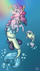 Size: 720x1280 | Tagged: safe, artist:sweetheart-arts, character:fluttershy, character:pinkie pie, ariel, bubble, duo, fish, flounder, floundershy, flutterfish, jewelry, looking up, merpony, necklace, partiel, pinkie tales, species swap, the little mermaid, underwater