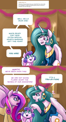 Size: 1080x1999 | Tagged: safe, artist:romanrazor, character:princess cadance, character:princess celestia, character:princess flurry heart, alternate hair color, argument, blue-mane celestia, cadance is not amused, clothing, comic, ear piercing, earring, eye clipping through hair, eye contact, fluffy, frown, glare, glasses, good morning celestia, jewelry, looking at each other, open mouth, piercing, pointing, raised hoof, sitting, smiling, underhoof