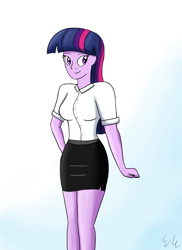 Size: 1920x2640 | Tagged: safe, artist:egstudios93, character:twilight sparkle, my little pony:equestria girls, clothing, cute, female, librarian, side slit, skirt, smiling, solo