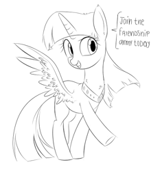 Size: 537x569 | Tagged: safe, artist:aureai-sketches, character:twilight sparkle, character:twilight sparkle (alicorn), species:alicorn, species:pony, caption, dialogue, female, monochrome, open mouth, raised hoof, simple background, sketch, smiling, solo, speech bubble, spread wings, underhoof, white background, wings, wip