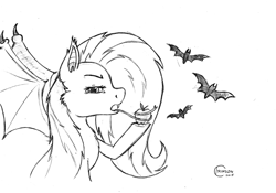 Size: 1800x1262 | Tagged: safe, artist:crimson, character:flutterbat, character:fluttershy, species:bat, species:bat pony, species:pony, apple, female, food, long tongue, monochrome, race swap, sketch, solo, tongue out, traditional art