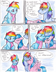 Size: 2552x3300 | Tagged: safe, artist:tristanjsolarez, character:firefly, character:rainbow blaze, character:rainbow dash, species:pegasus, species:pony, comic:trans ponies, ship:fireblaze, g1, blue background, blushing, clothing, comic, family, female, firefly as rainbow dash's mom, g1 to g4, generation leap, male, mare, rainbow dash's parents, scarf, shipping, simple background, stallion, straight, traditional art, transgender, trio