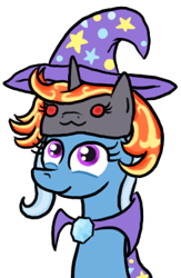 Size: 245x375 | Tagged: safe, artist:paper-pony, character:trixie, oc, oc:incendia, species:pony, species:unicorn, fanfic:antipodes, :3, chibi, clothing, cute, female, hat, looking at you, mare, robe, simple background, smiling, transparent background