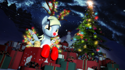 Size: 1920x1080 | Tagged: safe, artist:powdan, character:derpy hooves, species:pegasus, species:pony, 3d, christmas, christmas lights, christmas ornament, christmas stocking, christmas tree, cute, decoration, female, gmod, mare, night, present, rudolph the red nosed reindeer, snow, snowfall, snowman, tree