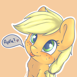 Size: 3200x3200 | Tagged: safe, artist:dbleki, character:applejack, species:pony, apple, blushing, bust, cheek fluff, chest fluff, cute, female, fluffy, fluffyball, food, hatless, heart, heart eyes, jackabetes, missing accessory, portrait, silly, silly pony, simple background, smiling, solo, that pony sure does love apples, tongue out, who's a silly pony, wingding eyes