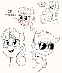 Size: 2485x2901 | Tagged: safe, artist:zaponator, character:maud pie, character:pinkie pie, character:rainbow dash, character:sweetie belle, aviators, blood, christmas, clothing, doodle, lip bite, scarf, sketch, sketch dump