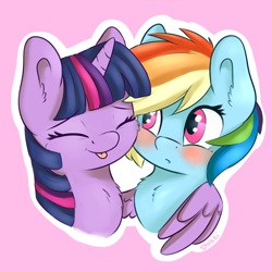 Size: 2300x2300 | Tagged: safe, artist:dbleki, character:rainbow dash, character:twilight sparkle, character:twilight sparkle (alicorn), species:alicorn, species:pony, ship:twidash, blep, blushing, bust, cheek fluff, chest fluff, cute, dashabetes, ear fluff, eyes closed, female, fluffy, fluffyball, hug, lesbian, pink background, portrait, shipping, signature, simple background, tongue out, twiabetes, winghug