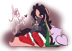 Size: 1024x733 | Tagged: safe, artist:silverknight27, oc, oc only, oc:silver rose, species:pegasus, species:pony, blushing, chest fluff, clothing, coffee, cup, female, happy holidays, mare, pillow, scarf, socks, solo, watermark