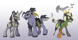 Size: 1280x663 | Tagged: safe, artist:calicopikachu, species:earth pony, species:pony, species:unicorn, amputee, cyborg, genji (overwatch), gradient background, gray background, hanzo, junkrat, mane on fire, overwatch, ponified, prosthetic leg, prosthetic limb, prosthetics, quiver, simple background, soot, trio, unshorn fetlocks, video game