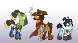 Size: 1280x706 | Tagged: safe, artist:calicopikachu, species:earth pony, species:pony, species:unicorn, cigar, clothing, cowboy hat, crossed hooves, glasses, gradient background, gray background, hat, jesse mccree, lucio, mei, overwatch, ponified, simple background, trio, video game, visor