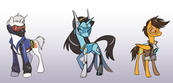 Size: 1280x615 | Tagged: safe, artist:calicopikachu, species:pegasus, species:pony, species:unicorn, gradient background, gray background, overwatch, ponified, simple background, soldier 76, symmetra, tracer, trio, video game, visor