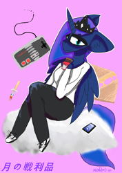 Size: 1024x1448 | Tagged: safe, artist:itzdatag0ndray, character:princess luna, species:anthro, android, cheese, clothing, cloud, distressed, ear fluff, female, food, grilled cheese, long mane, nike, nintendo, nintendo entertainment system, pink background, simple background, solo, text, torn clothes