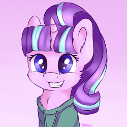 Size: 2100x2100 | Tagged: safe, artist:dbleki, character:starlight glimmer, species:pony, species:unicorn, bust, cheek fluff, chest fluff, clothing, cute, ear fluff, female, fluffy, fluffyball, glimmerbetes, gradient background, hoodie, mare, portrait, smiling, solo