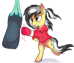 Size: 627x535 | Tagged: safe, artist:aureai, derpibooru original, oc, oc only, oc:uppercute, species:earth pony, species:pony, angry, bipedal, boxing, boxing glove, clothing, punching bag, simple background, solo, transparent background