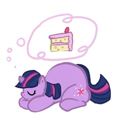 Size: 600x600 | Tagged: safe, artist:envy, character:twilight sparkle, species:pony, species:unicorn, cake, fat, female, mare, prone, simple background, sleeping, solo, thought bubble, twilard sparkle, white background
