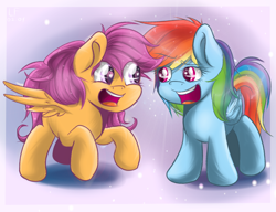 Size: 1300x1000 | Tagged: safe, artist:redheadfly, character:rainbow dash, character:scootaloo, species:pegasus, species:pony, chibi, scootalove