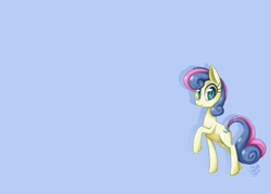 Size: 1680x1200 | Tagged: safe, artist:starlightspark, character:bon bon, character:sweetie drops, species:earth pony, species:pony, blue background, looking at you, raised hoof, simple background, smiling, wallpaper