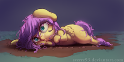 Size: 1024x518 | Tagged: safe, artist:sverre93, character:fluttershy, species:pegasus, species:pony, crying, female, folded wings, mud, prone, sad, solo, teary eyes, wide eyes