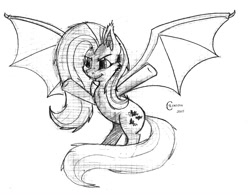 Size: 1400x1091 | Tagged: safe, artist:crimson, character:flutterbat, character:fluttershy, species:bat pony, species:pony, female, grayscale, monochrome, race swap, simple background, sketch, solo, spread wings, traditional art, white background, wings