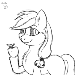 Size: 768x768 | Tagged: safe, artist:crimson, character:applejack, apple, black and white, cheek fluff, chest fluff, ear fluff, female, food, grayscale, hoof hold, missing accessory, missing cutie mark, monochrome, obligatory apple, simple background, sketch, smiling, solo, white background, wip