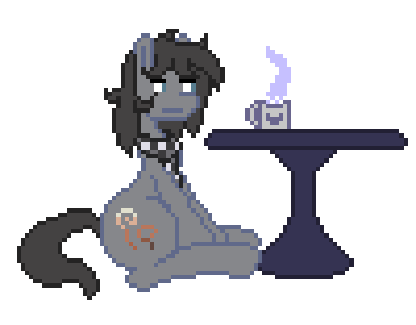 Size: 600x468 | Tagged: safe, artist:metalaura, oc, oc only, oc:somber solace, animated, clothing, coffee, coffee mug, gif, pixel art, scarf, simple background, sleeping, solo, table, tired, transparent background