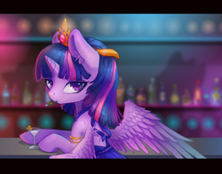Size: 1600x1254 | Tagged: safe, artist:orchidpony, character:twilight sparkle, character:twilight sparkle (alicorn), species:alicorn, species:pony, alcohol, armband, bar, bipedal, bipedal leaning, cheek fluff, clothing, colored pupils, dress, drink, drunk, drunk twilight, ear fluff, eyeshadow, female, leaning, lidded eyes, looking at you, makeup, martini, mouth hold, shoulder fluff, solo, spread wings, wing fluff, wings