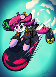 Size: 1600x2200 | Tagged: safe, artist:therandomjoyrider, character:pinkamena diane pie, character:pinkie pie, bomb, clothing, female, jinx (league of legends), league of legends, pants, riding, solo, weapon