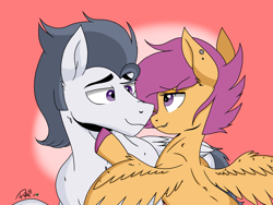 Size: 2048x1536 | Tagged: safe, artist:pimpartist101, character:rumble, character:scootaloo, species:pegasus, species:pony, ship:rumbloo, couple, ear piercing, looking at each other, male, nose piercing, older, piercing, shipping, smiling, straight