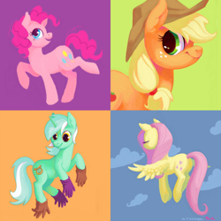 Size: 838x837 | Tagged: safe, artist:purmu, character:applejack, character:fluttershy, character:lyra heartstrings, character:pinkie pie, gloves