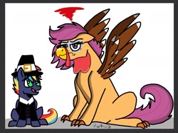 Size: 1858x1397 | Tagged: safe, artist:pimpartist101, character:scootaloo, oc, oc:prism bolt, parent:rainbow dash, parent:soarin', parents:soarindash, species:pegasus, species:pony, kilalaverse, animal costume, annoyed, claws, clothing, colt, costume, cute, cutealoo, female, floppy ears, frown, glare, grumpy, hat, implied rumbloo, lidded eyes, looking at you, looking up, male, mare, next generation, offspring, older, older scootaloo, open mouth, pilgrim hat, pilgrim outfit, scootachicken, scootaturkey, smiling, thanksgiving, turkey, unamused