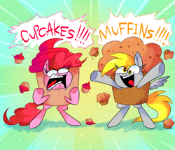 Size: 1000x860 | Tagged: safe, artist:vdru7, character:derpy hooves, character:pinkie pie, species:pony, bipedal, clothing, costume, cupcake, cupcakes vs muffins, dialogue, faec, food, muffin, open mouth, yelling