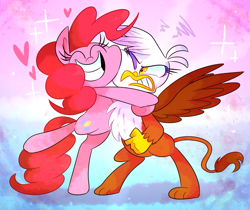 Size: 903x759 | Tagged: safe, artist:vdru7, character:gilda, character:pinkie pie, species:griffon, angry, annoyed, grin, gritted teeth, heart, hug, smiling