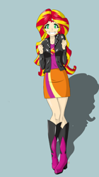 Size: 1426x2544 | Tagged: safe, artist:icesticker, character:sunset shimmer, species:human, my little pony:equestria girls, blue background, boots, clothing, colored pupils, cute, female, happy, high heel boots, high heels, human coloration, humanized, jacket, leather jacket, looking at you, shadow, shimmerbetes, simple background, skirt, smiling, solo, standing