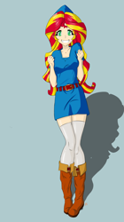 Size: 1426x2544 | Tagged: safe, artist:icesticker, character:sunset shimmer, my little pony:equestria girls, blue background, boots, clothing, colored pupils, cosplay, costume, crossover, cute, dress, female, fist, happy, hat, high heel boots, human coloration, link, looking at you, nintendo, shadow, simple background, skirt, smiling, socks, solo, standing, the legend of zelda, thigh highs, tunic, zettai ryouiki