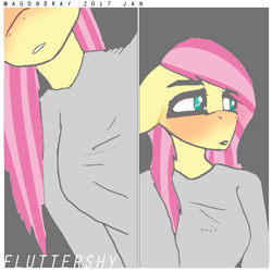 Size: 513x513 | Tagged: safe, artist:itzdatag0ndray, character:fluttershy, species:anthro, aesthetics, alternate hairstyle, female, long mane, long sleeves, selfie, shy, simple background, solo, square