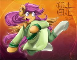 Size: 1800x1400 | Tagged: safe, artist:redheadfly, character:scootaloo, species:pegasus, species:pony, chinese, clothing, crossover, disney, female, kick, kicking, kung fu, mulan, older, open mouth, solo